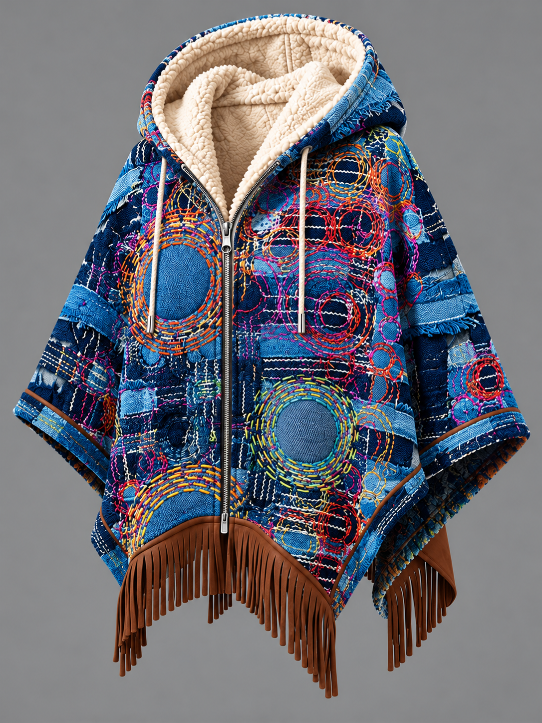 Women's Fall Winter Vintage Art Fleece-Lined Hooded Fringe Poncho